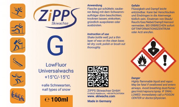 Etikett G LowFluor Universalwachs mit Warnsymbolen
