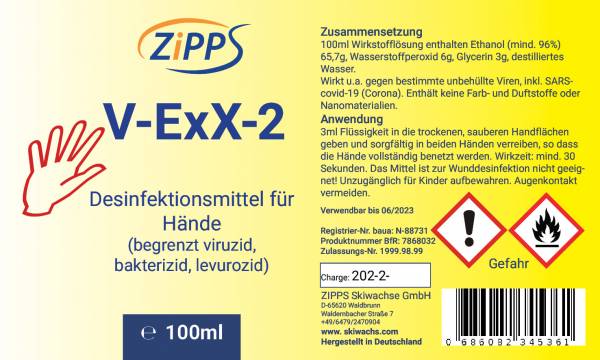 Etikett des Desinfektionsmittels für Hände V-ExX 2